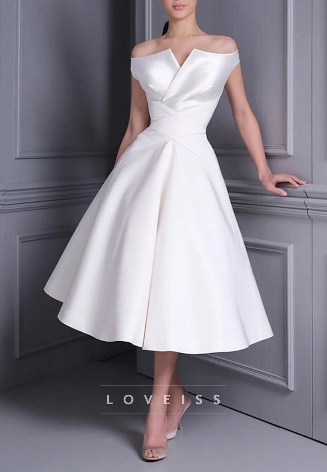 A-Line_Princess Off-Shoulder Sleeveless Tea Length luxurious Wedding Dress With Ruffle