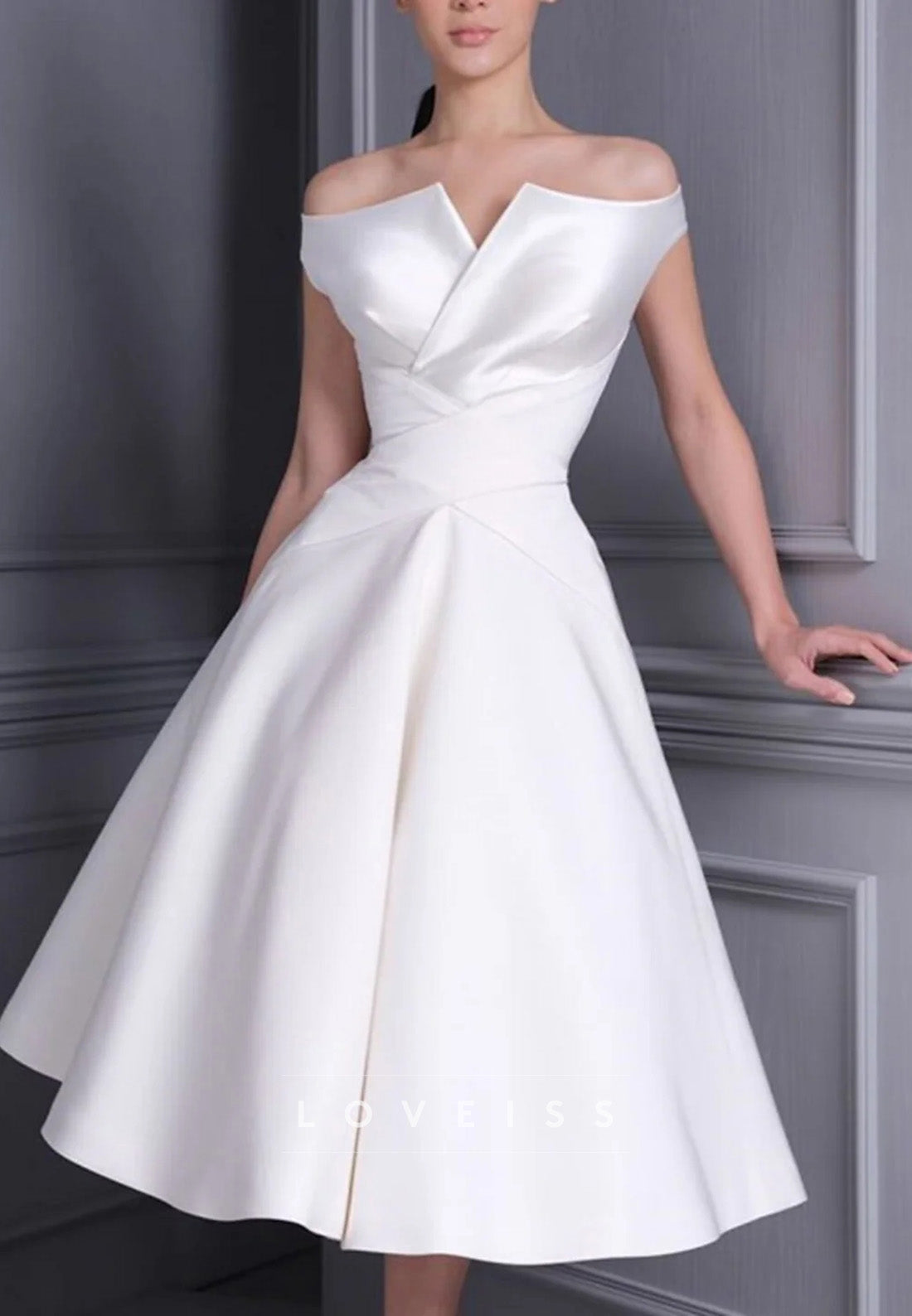 A-Line_Princess Off-Shoulder Sleeveless Tea Length luxurious Wedding Dress With Ruffle