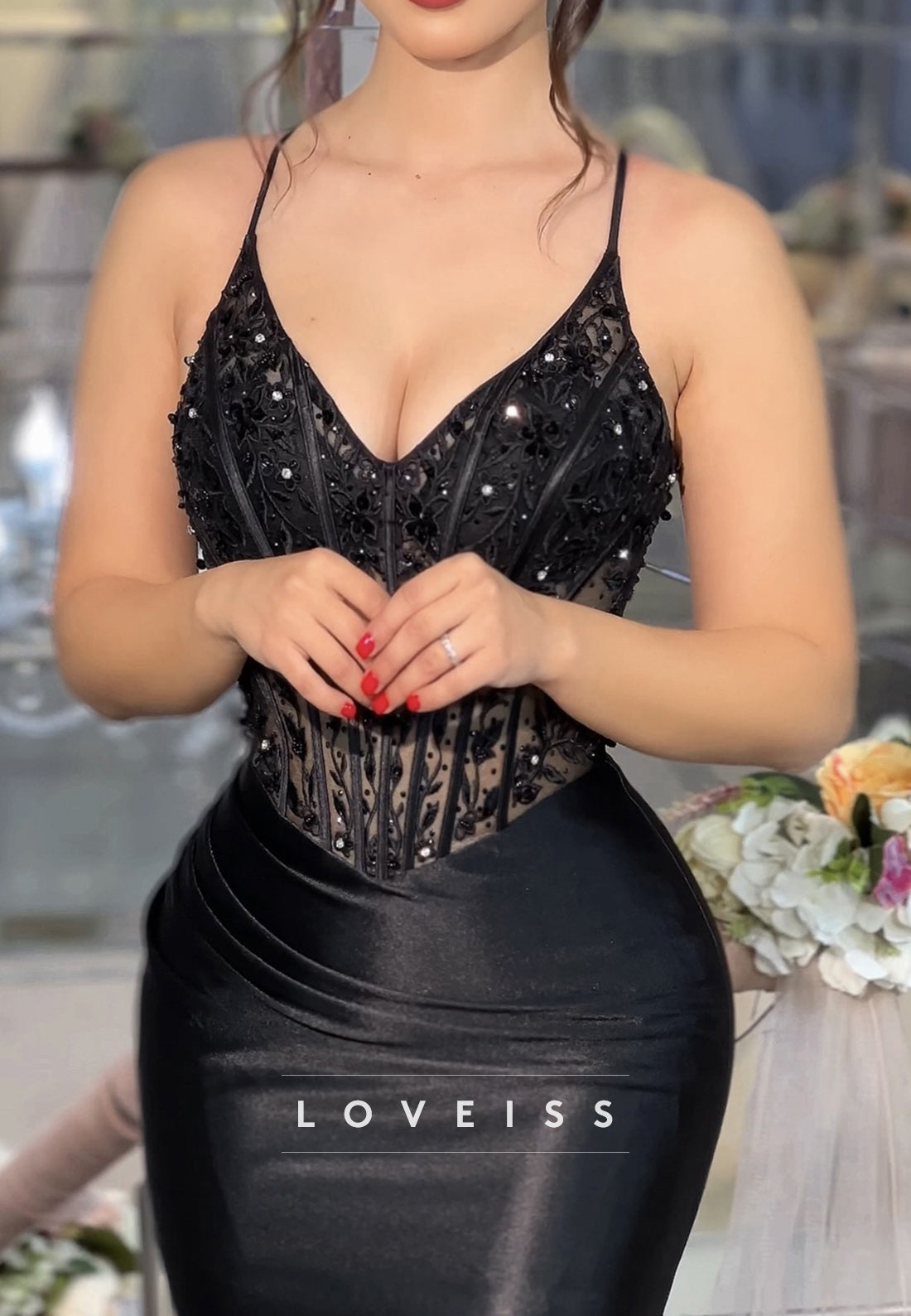 V-Neck Spaghetti Straps Appliques Sequins Sheer Mermaid Prom Dress