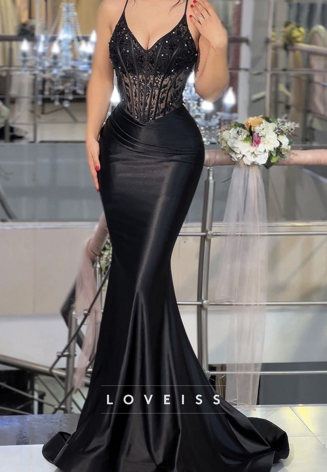 V-Neck Spaghetti Straps Appliques Sequins Sheer Mermaid Prom Dress