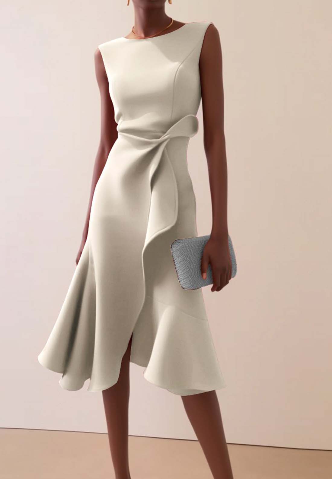 Apricot White Sleeveless Midi Elegant A-line Dress with Waist Twist for Day-to-Night