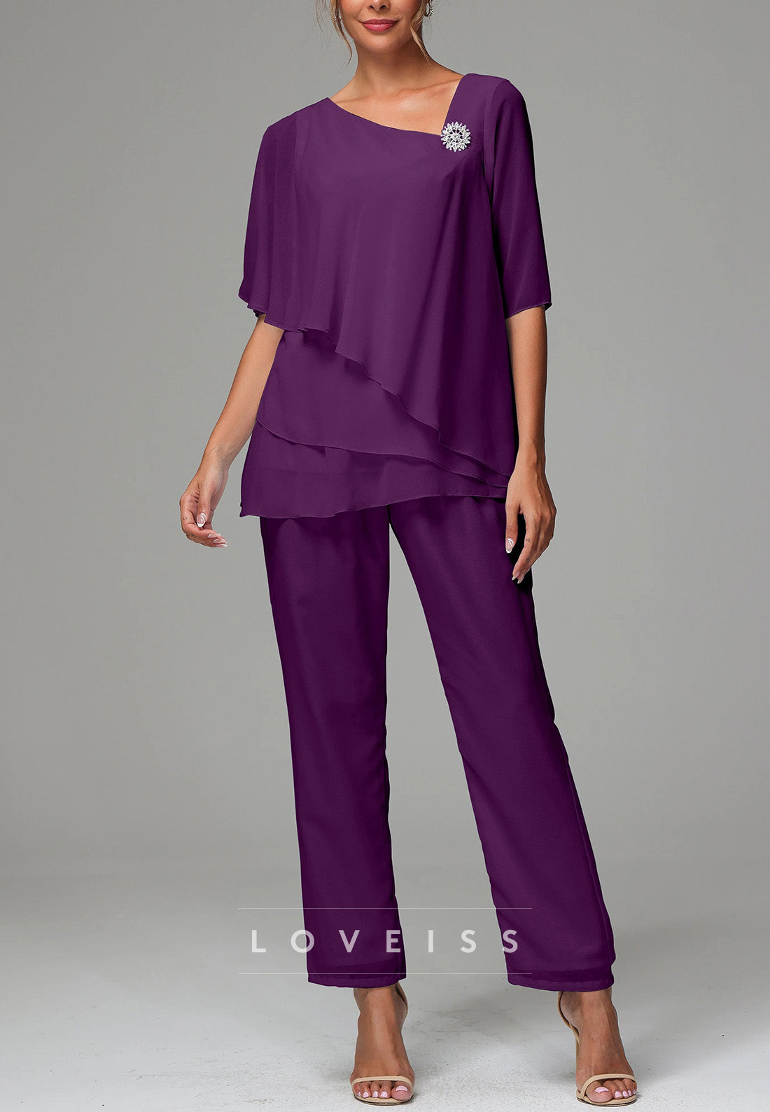 Assymmetrical Mother of Bride Short Sleeves Chiffon Jumpsuit