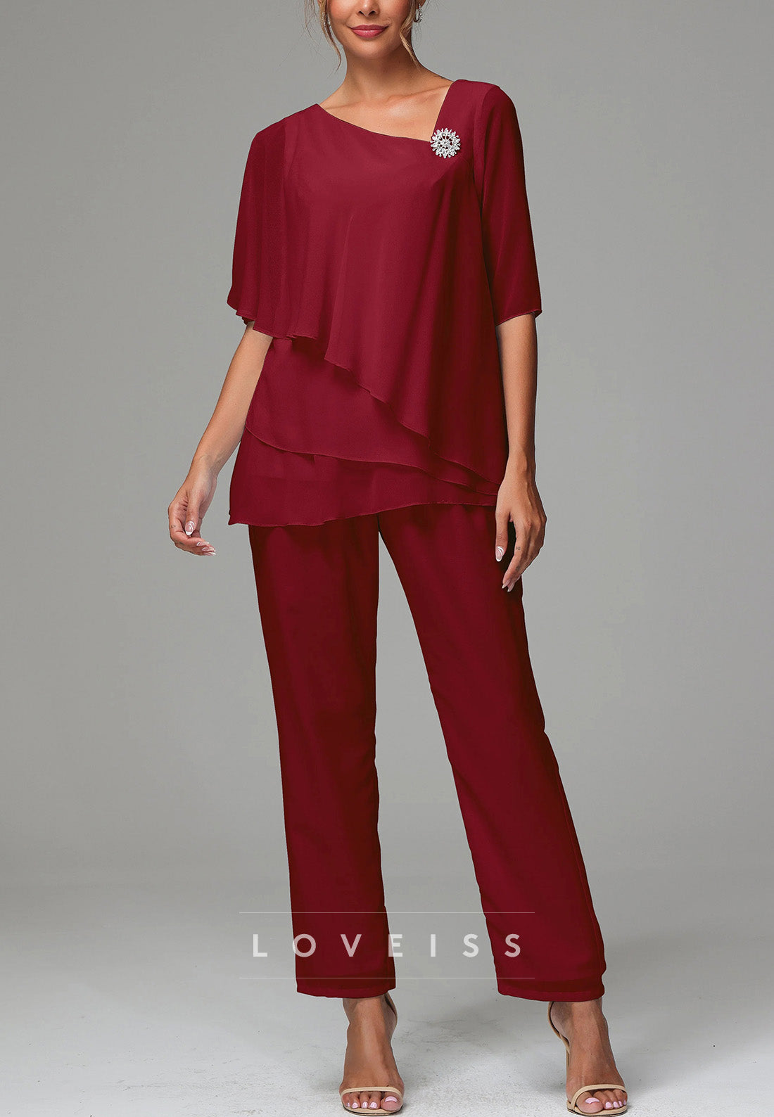 Assymmetrical Mother of Bride Short Sleeves Chiffon Jumpsuit