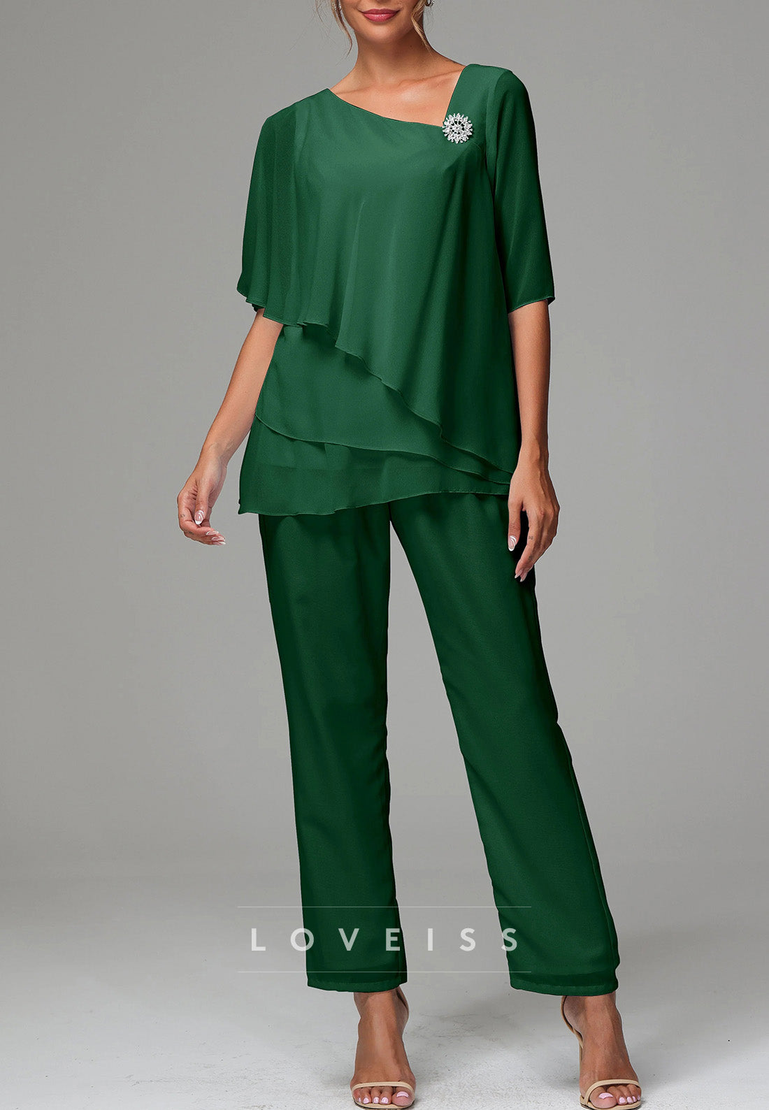 Assymmetrical Mother of Bride Short Sleeves Chiffon Jumpsuit