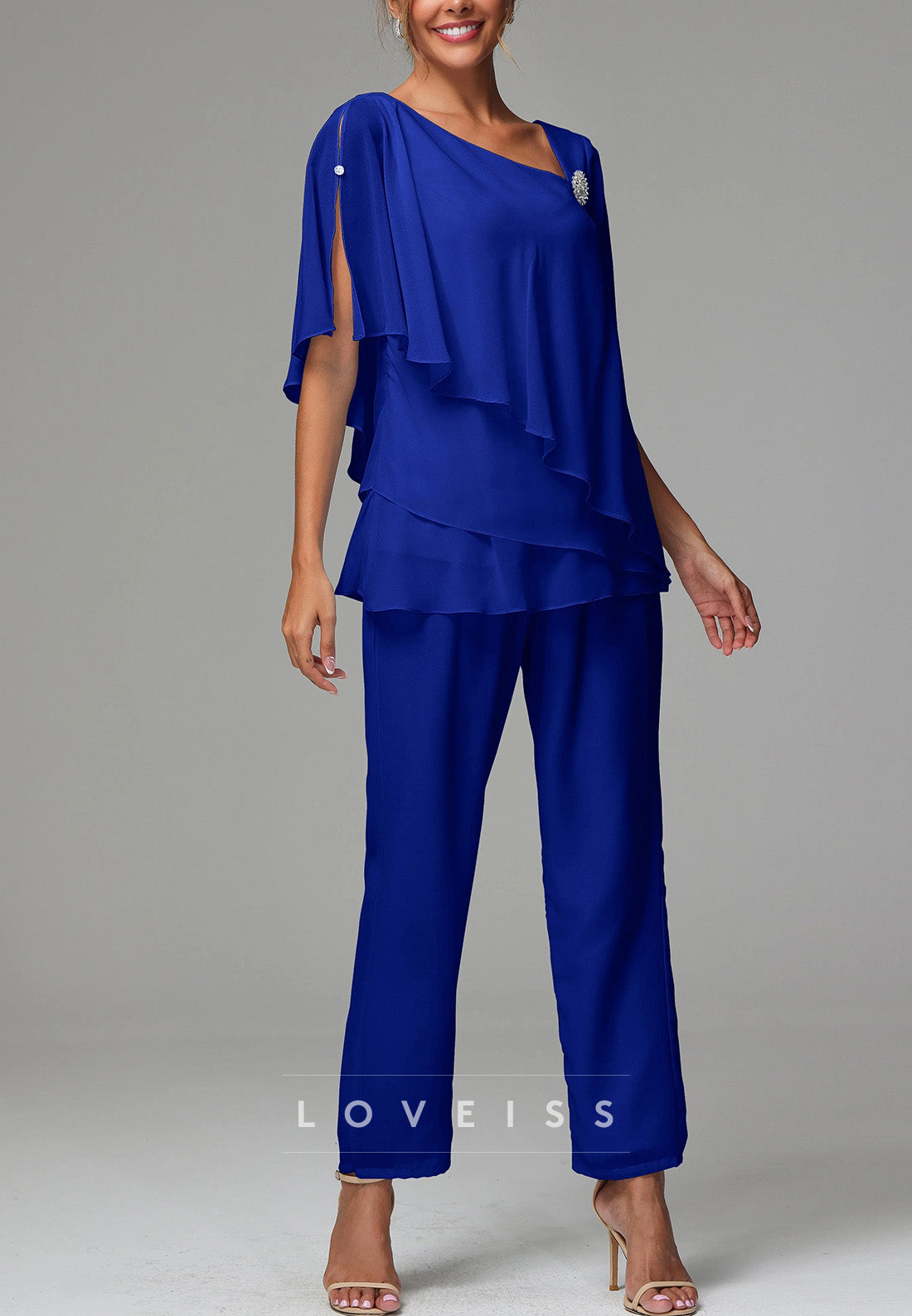 Assymmetrical Mother of Bride Short Sleeves Chiffon Jumpsuit