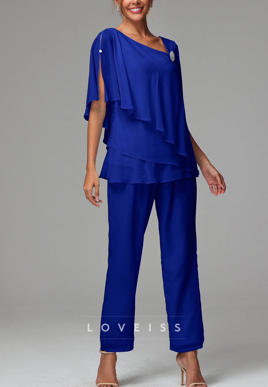 Assymmetrical Mother of Bride Short Sleeves Chiffon Jumpsuit