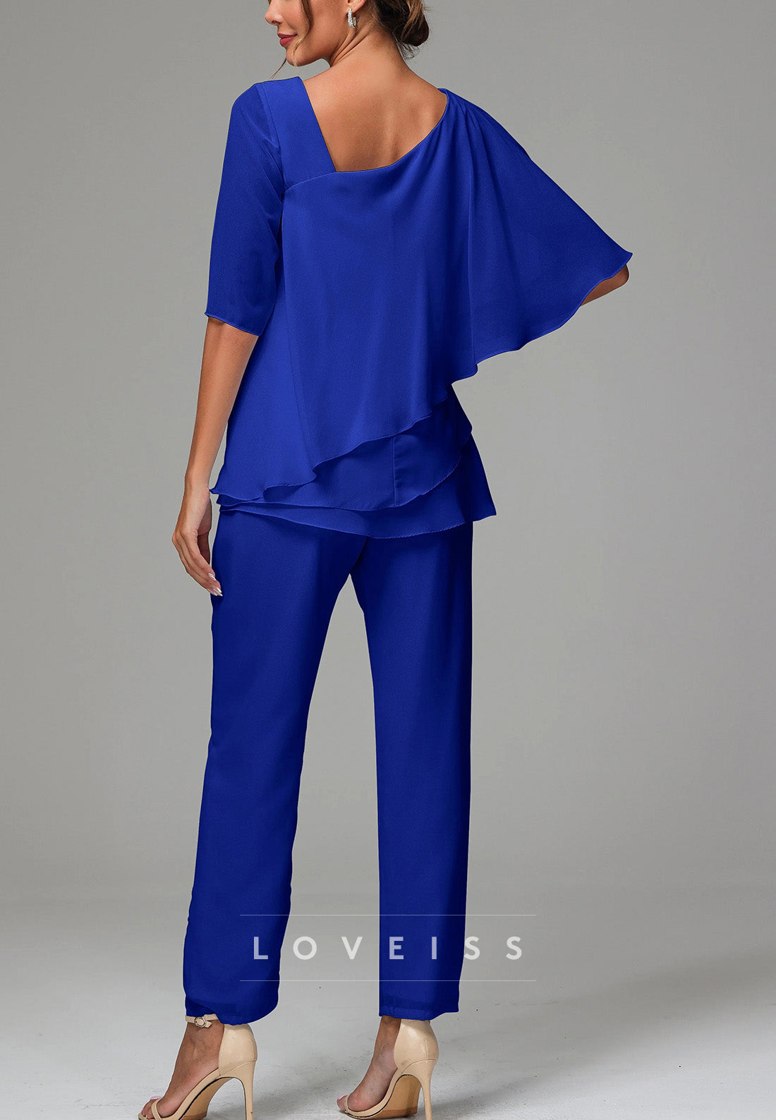 Assymmetrical Mother of Bride Short Sleeves Chiffon Jumpsuit