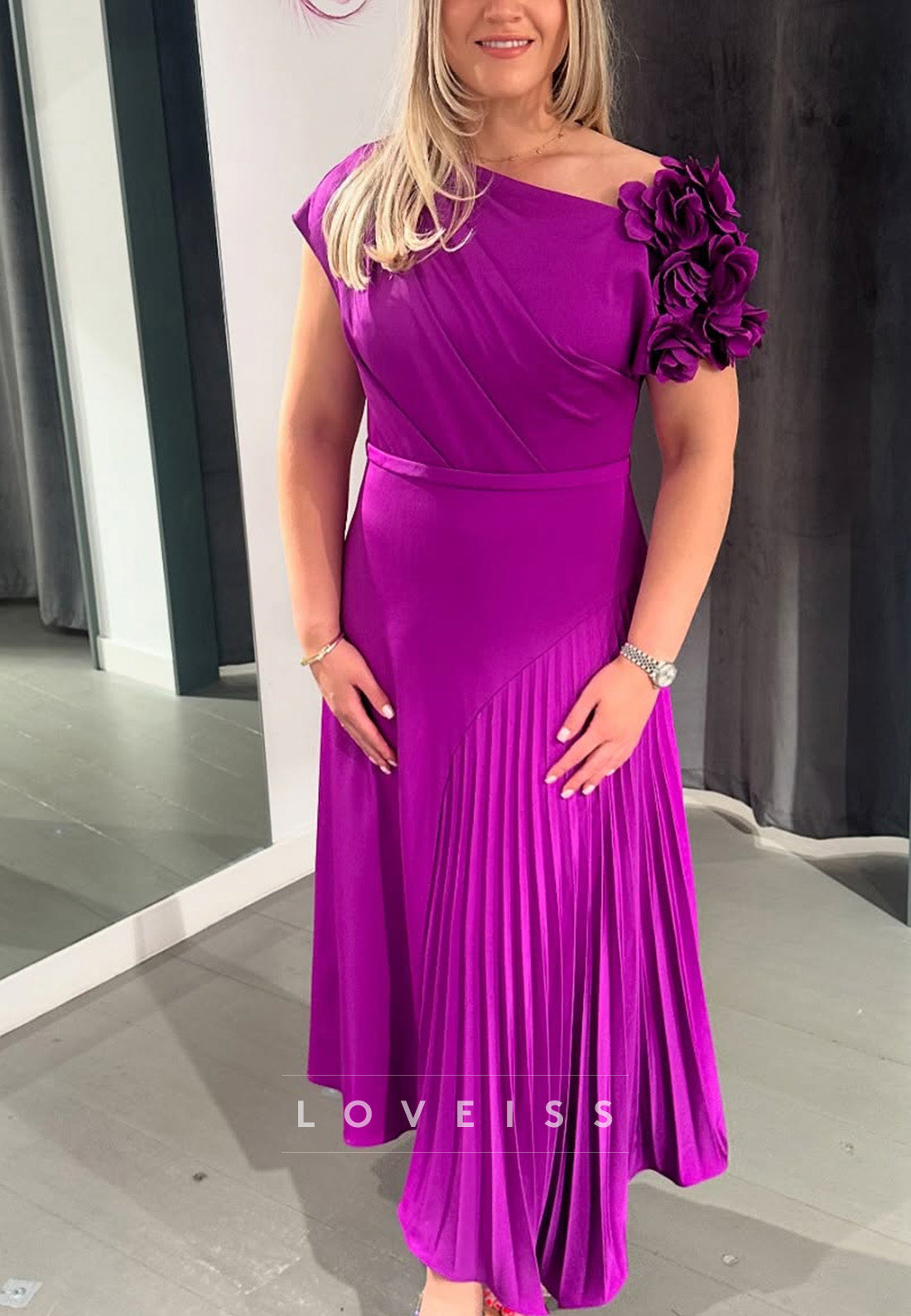 Asymmetrical Cap Sleeves Floral A-Line Mother of Bride Dress