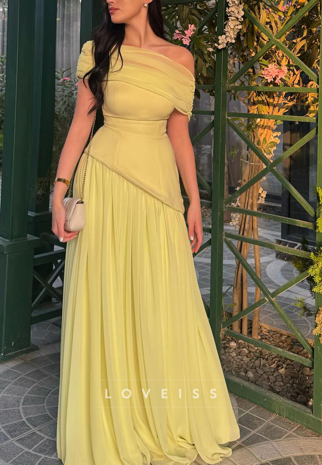 Asymmetrical Cap Sleeves Pleated A-Line Evening Dress