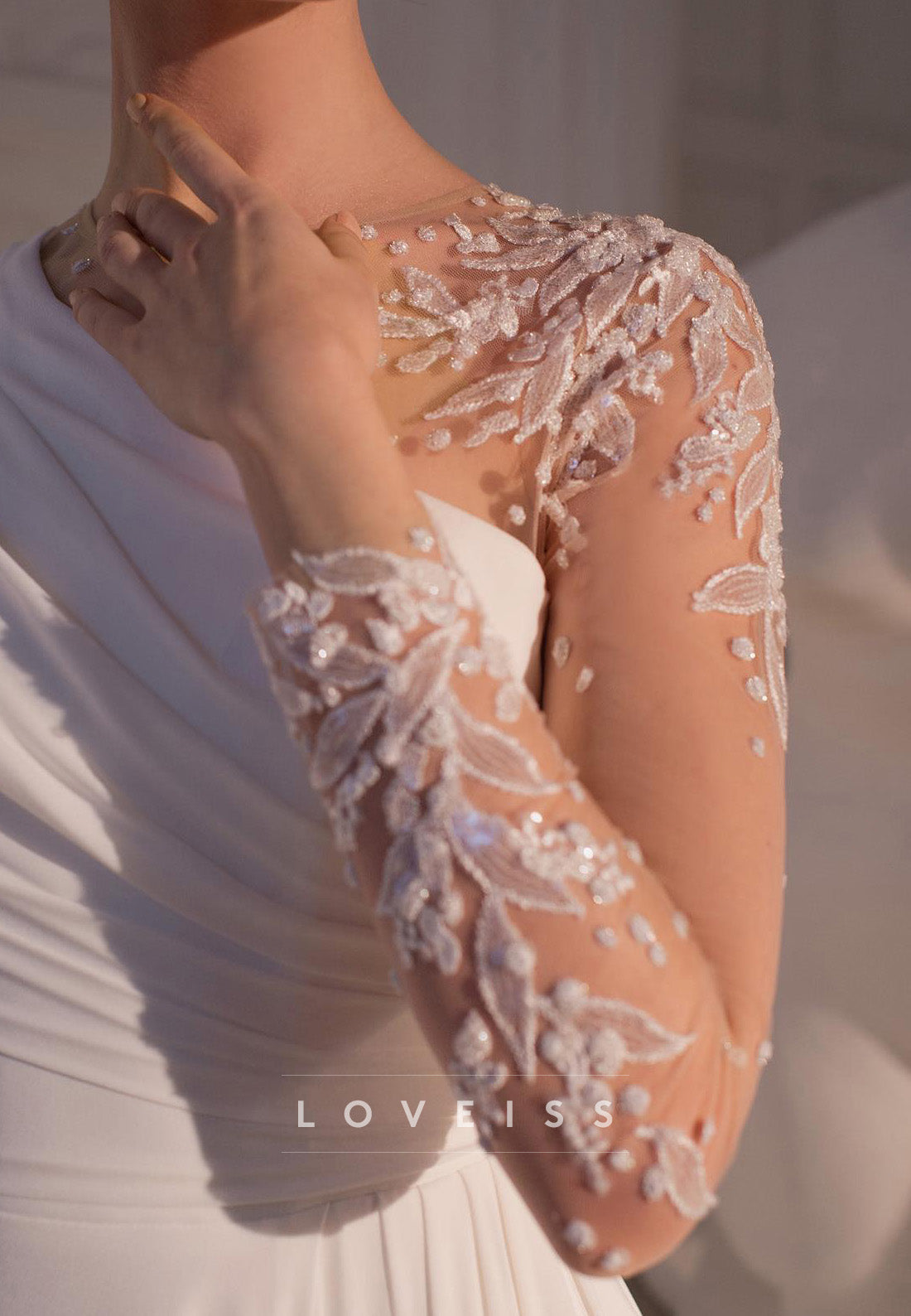 Asymmetrical Long Sleeves Appliques Pleated Side Slit Beach Wedding Dress