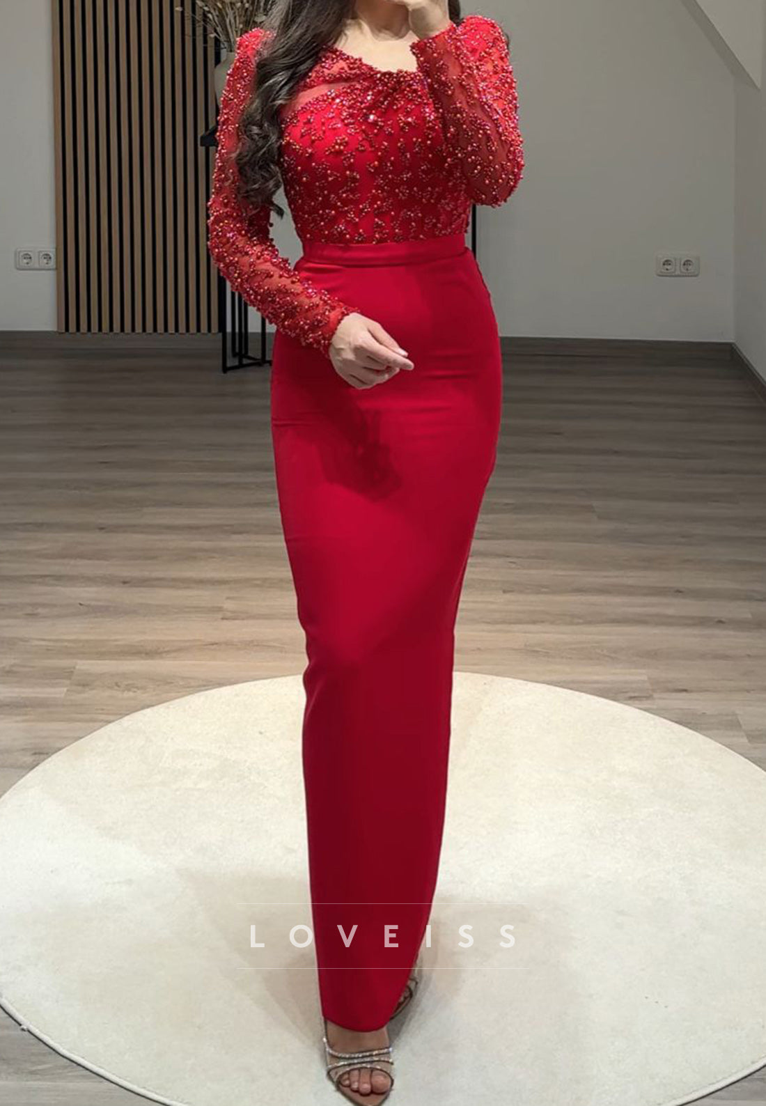 Asymmetrical Long Sleeves Baeded Emboridery Mermaid Formal Dress