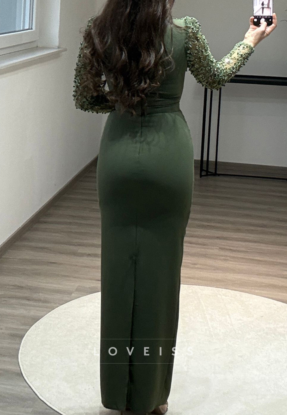Asymmetrical Long Sleeves Baeded Emboridery Mermaid Formal Dress