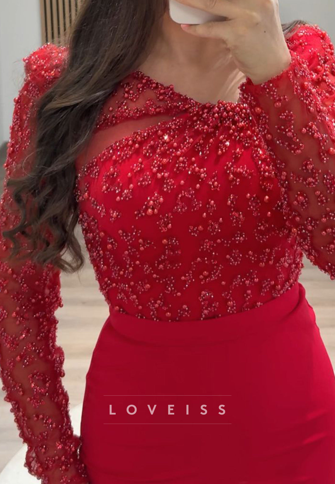 Asymmetrical Long Sleeves Baeded Emboridery Mermaid Formal Dress