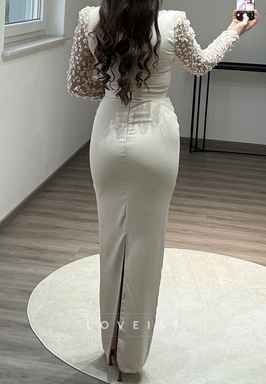 Asymmetrical Long Sleeves Baeded Emboridery Mermaid Formal Dress