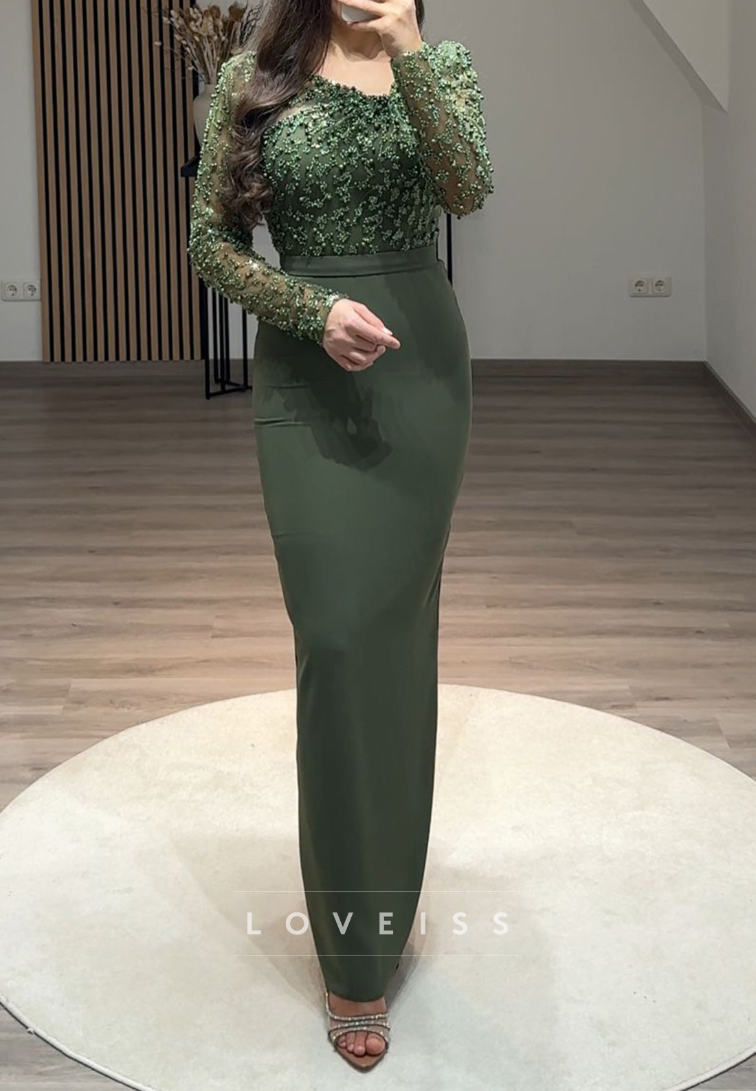 Asymmetrical Long Sleeves Baeded Emboridery Mermaid Formal Dress