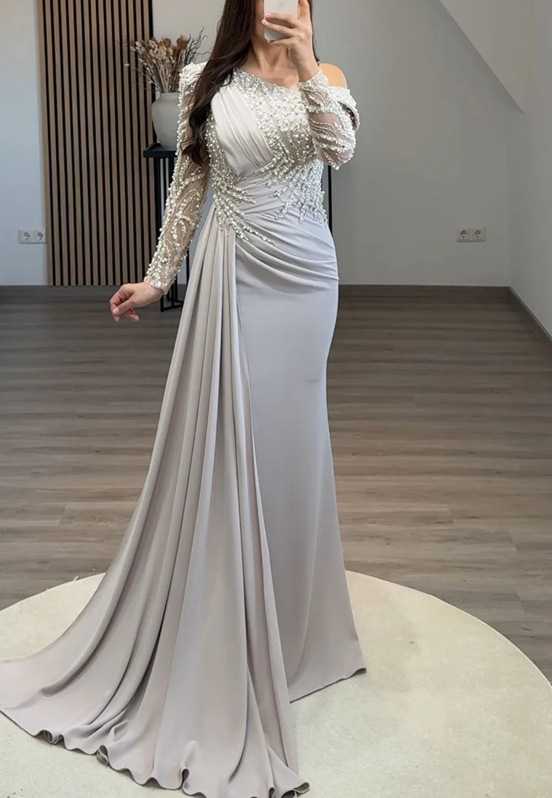 Asymmetrical Long Sleeves Beaded Embroidery Ruched Sheath Formal Dress