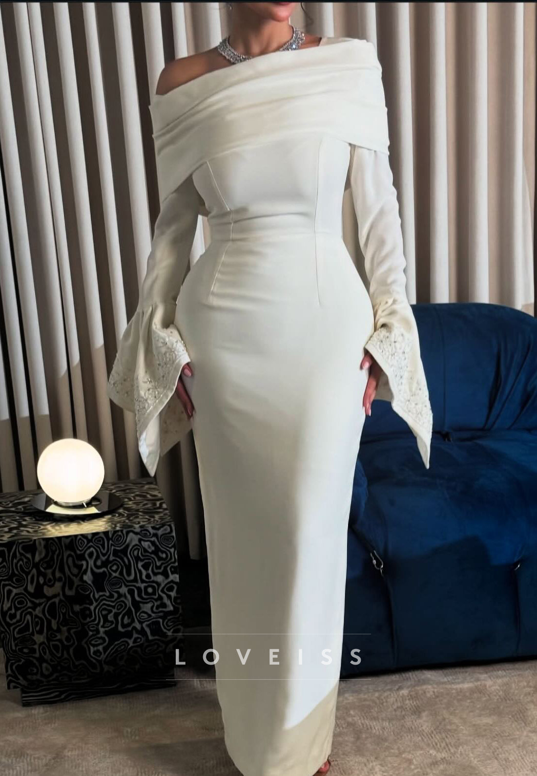 Asymmetrical Long Sleeves Beaded Sleek Mermaid Evening Dress