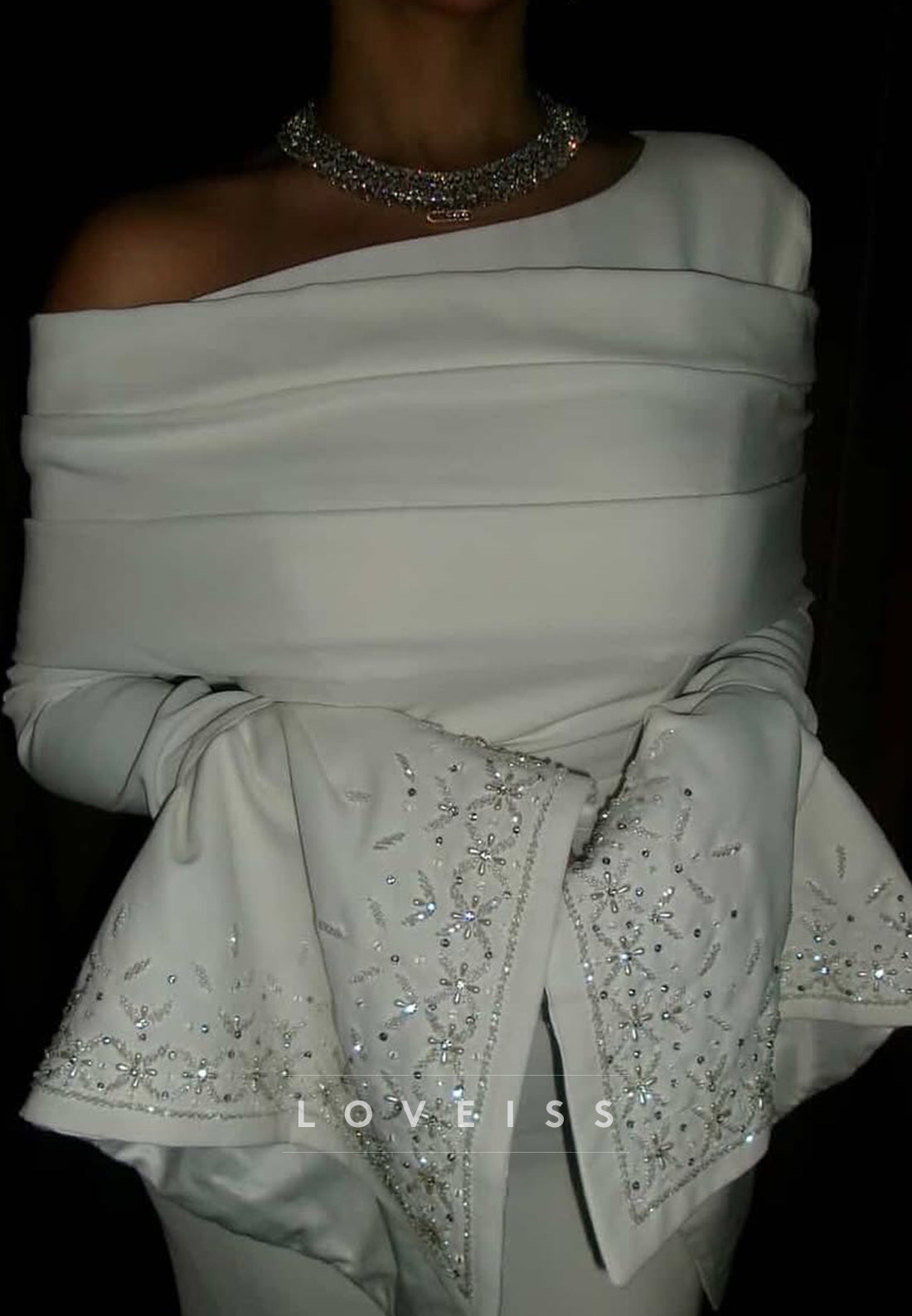 Asymmetrical Long Sleeves Beaded Sleek Mermaid Evening Dress