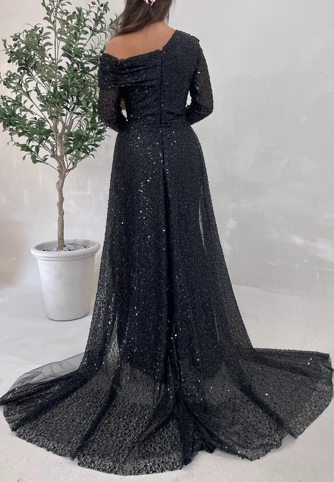 Asymmetrical Long Sleeves Pleated Beading Sheath Evening Dress