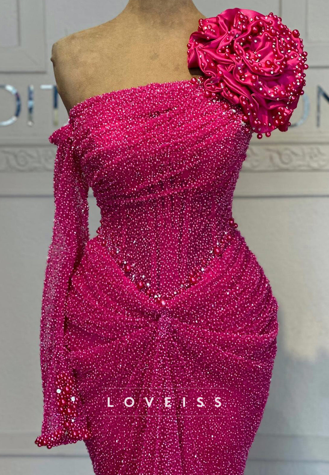 Asymmetrical Long Sleeves Sequins Pleated Mermaid Prom Dress