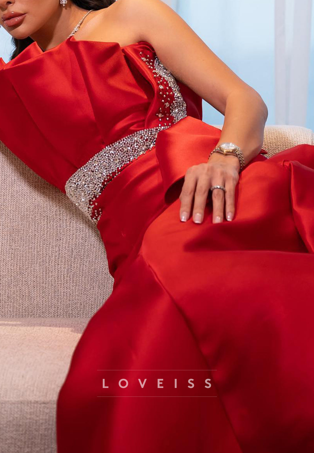 Asymmetrical Pleated Beaded Mermaid Satin Evening Dress