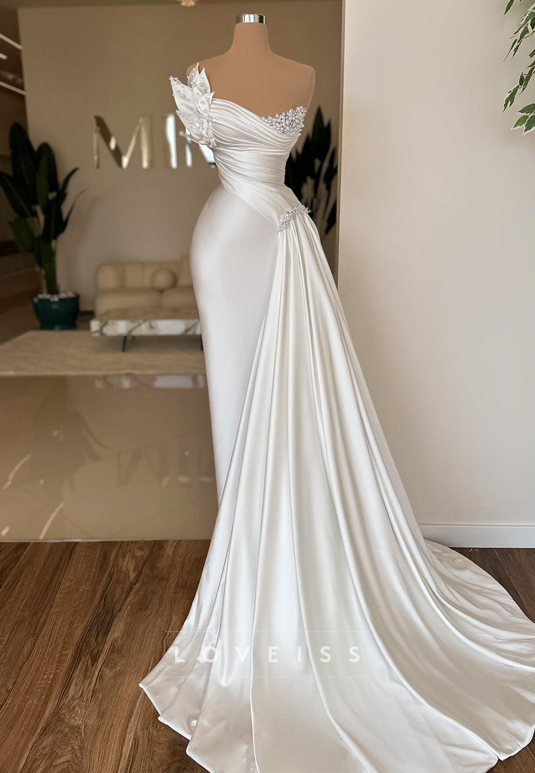 Asymmetrical Pleated Sheath Sleek Beaded Wedding Dress