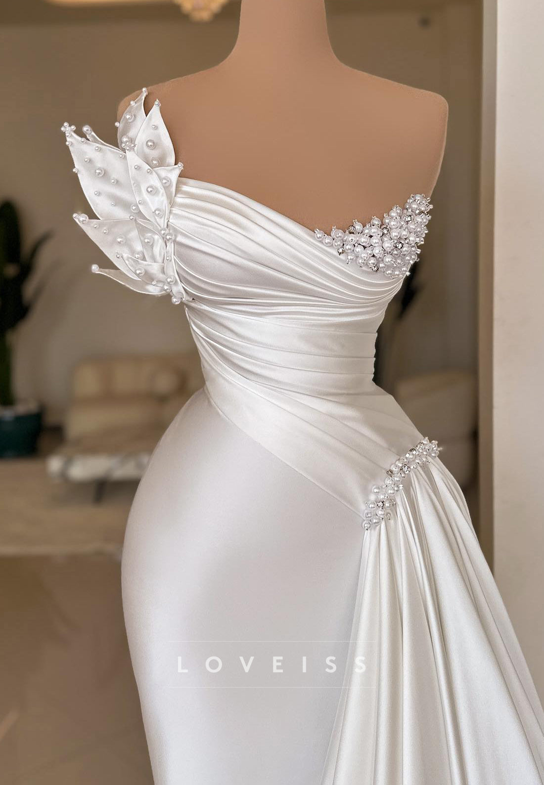 Asymmetrical Pleated Sheath Sleek Beaded Wedding Dress
