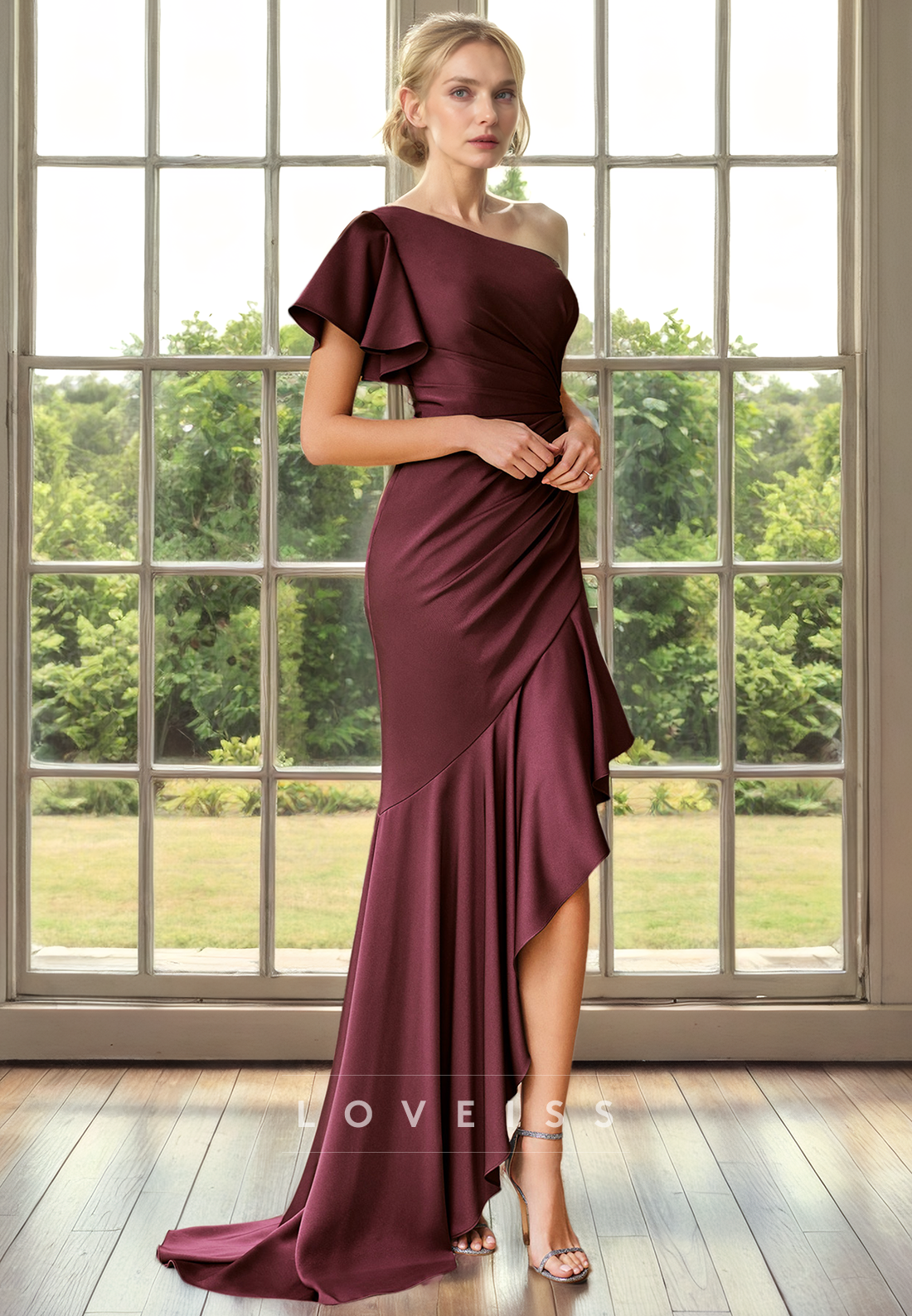 Asymmetrical Short Sleeveless Ruched High Slit Mother of Bride Dress Cocktail Dress