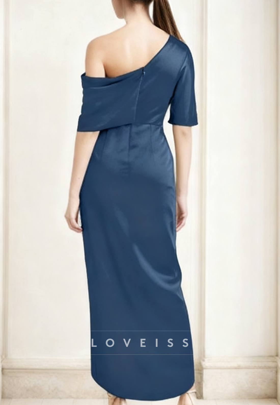 Asymmetrical Short Sleeves Ruched Sheath Mother of Bride Dress