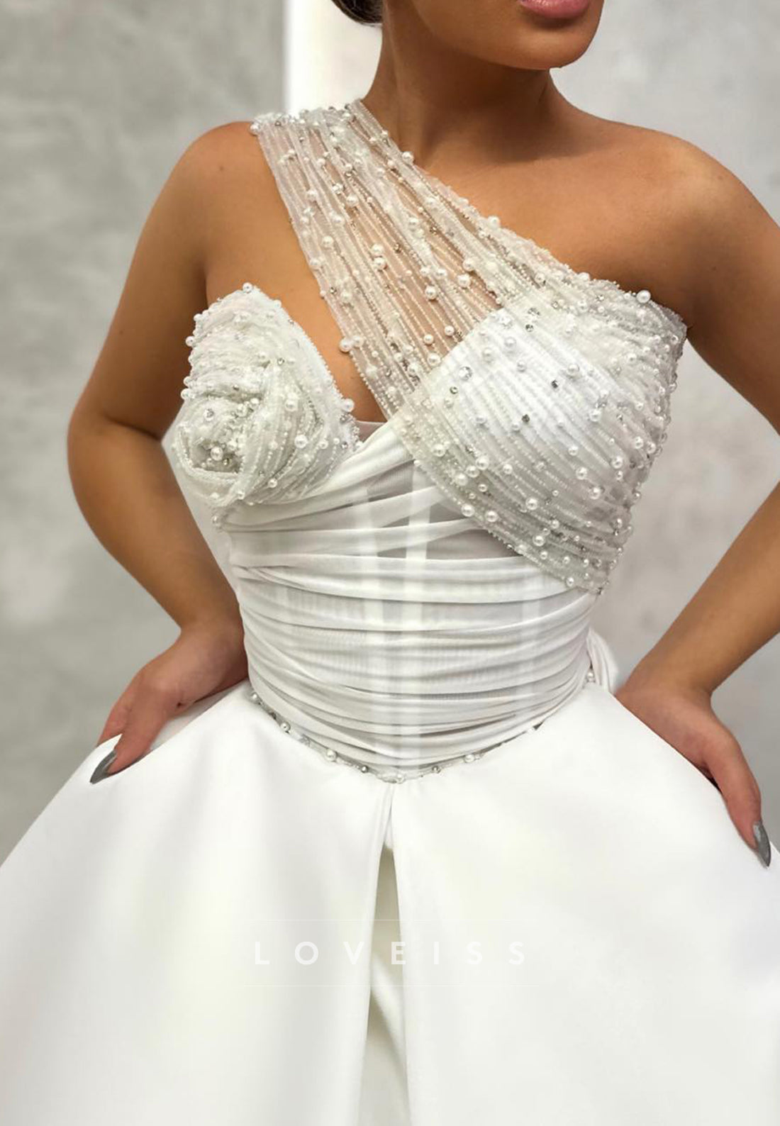 Asymmetrical Sleeveless Beaded Floral A-Line Satin Wedding Dress