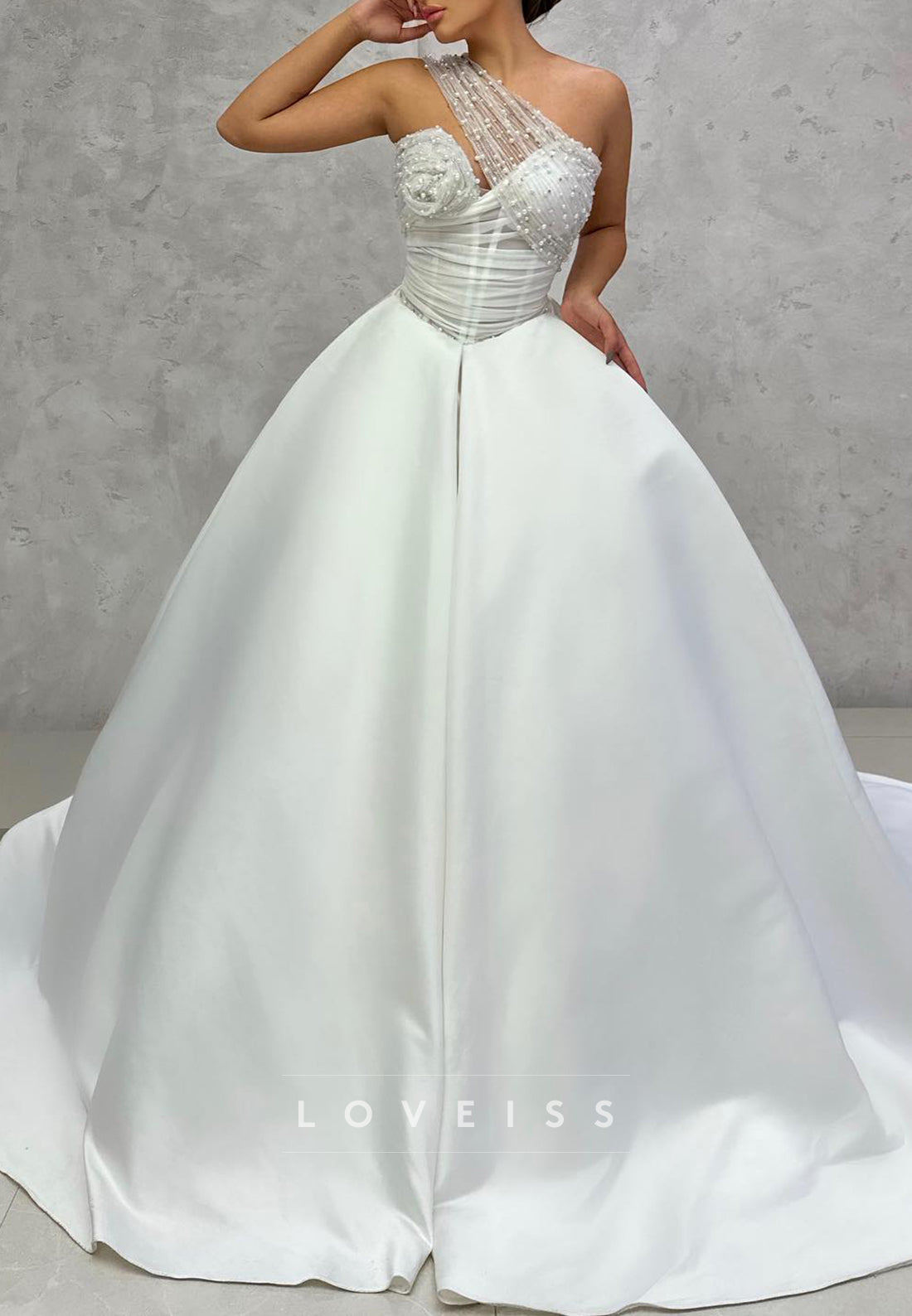Asymmetrical Sleeveless Beaded Floral A-Line Satin Wedding Dress
