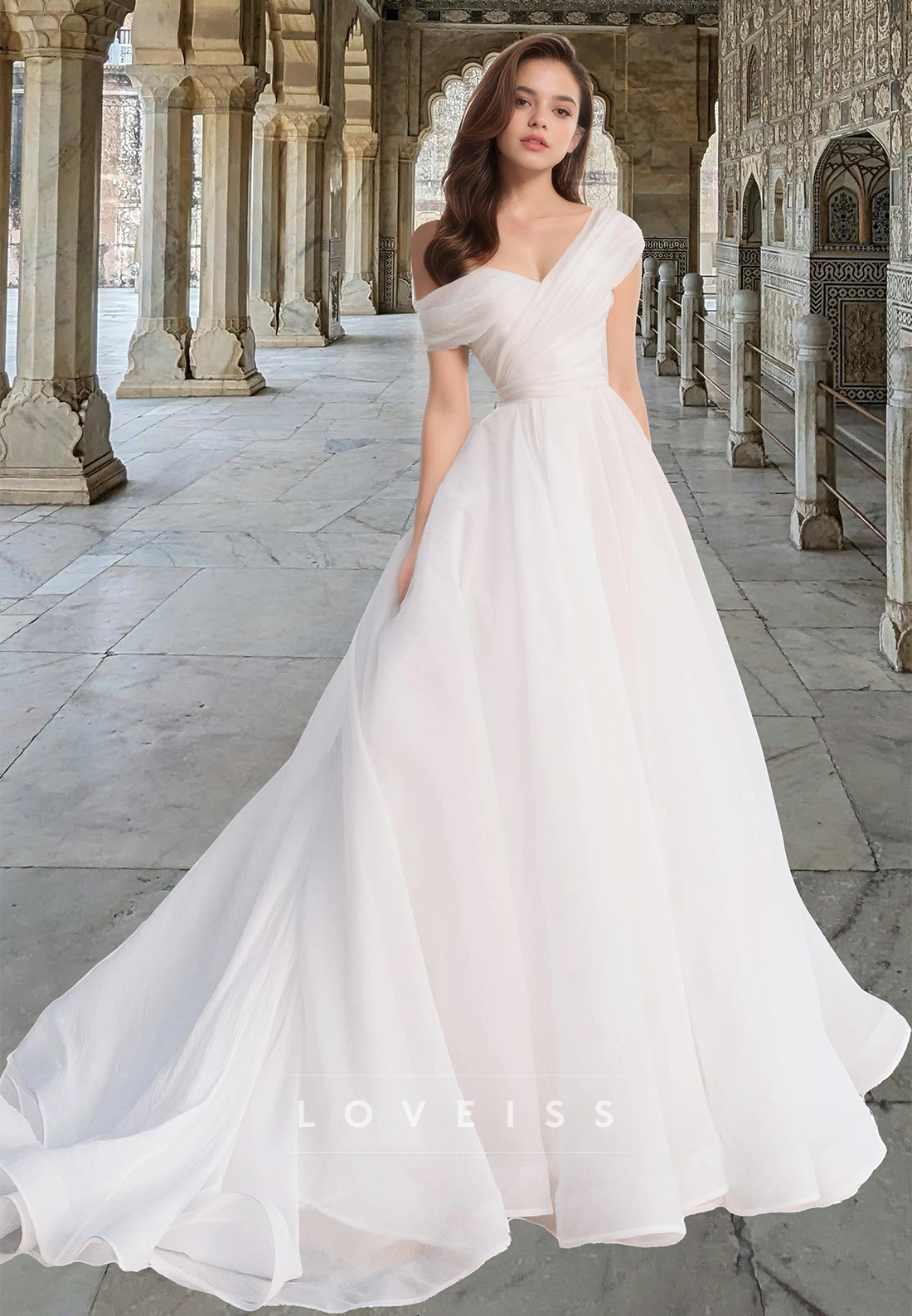 Asymmetrical Sleeveless Pleated Tiered A-Line Beach Wedding Dress