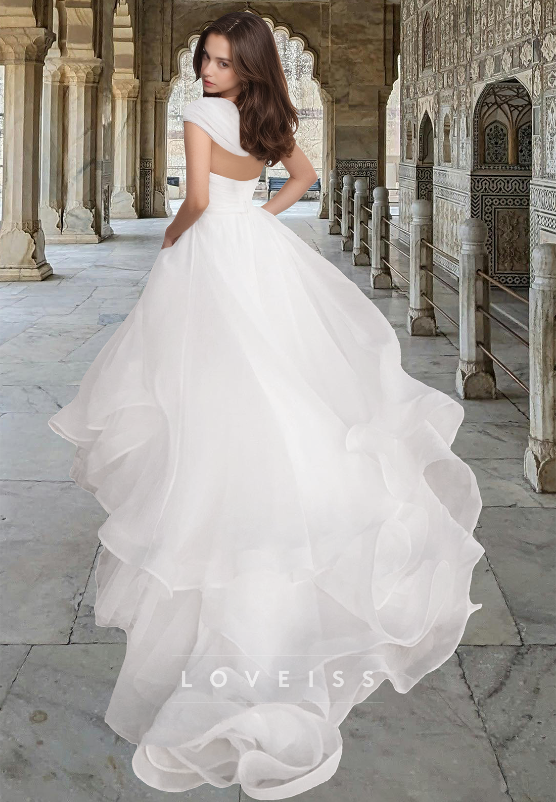Asymmetrical Sleeveless Pleated Tiered A-Line Beach Wedding Dress