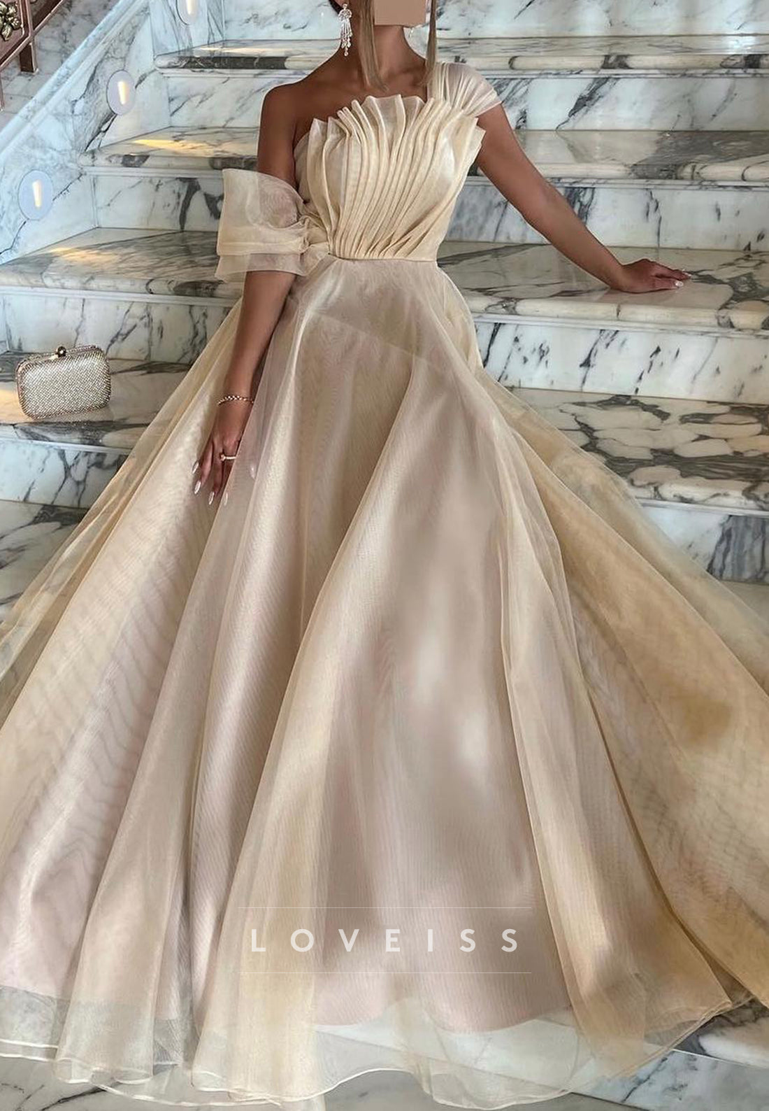 Asymmetrical Sleeveless Tulle Pleated A-Line Formal Dress
