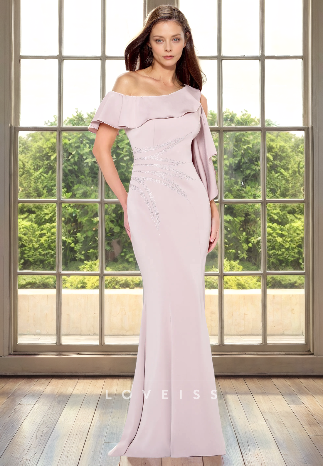 Asymmetrical Sleeves Ruffled Mermaid Mother of Bride Dress