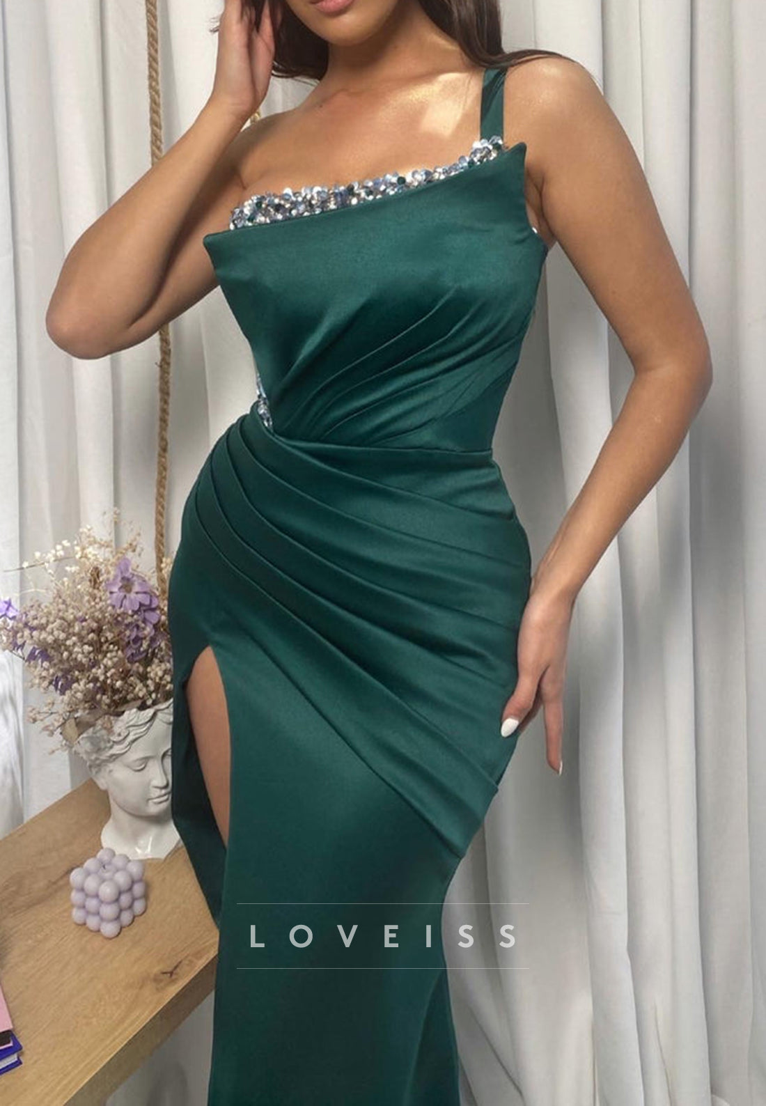 Asymmetrical Spaghetti Straps Pleated Formal Dress Mermaid Evening Dress