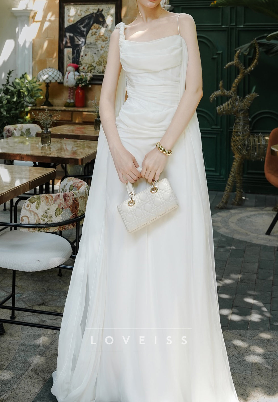 Asymmetrical Spaghetti Straps Pleated Sleek Sheath Wedding Dress