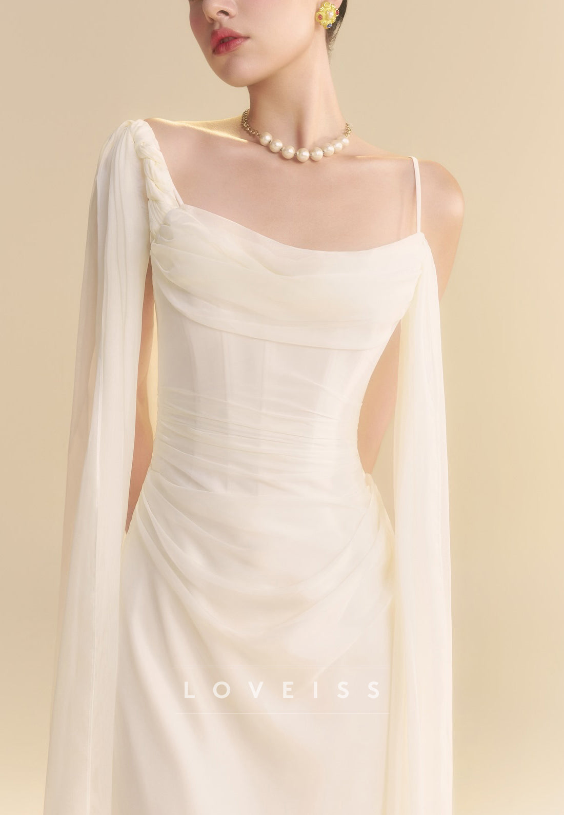 Asymmetrical Spaghetti Straps Pleated Sleek Sheath Wedding Dress