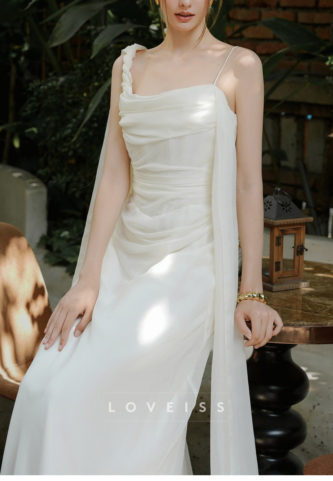 Asymmetrical Spaghetti Straps Pleated Sleek Sheath Wedding Dress