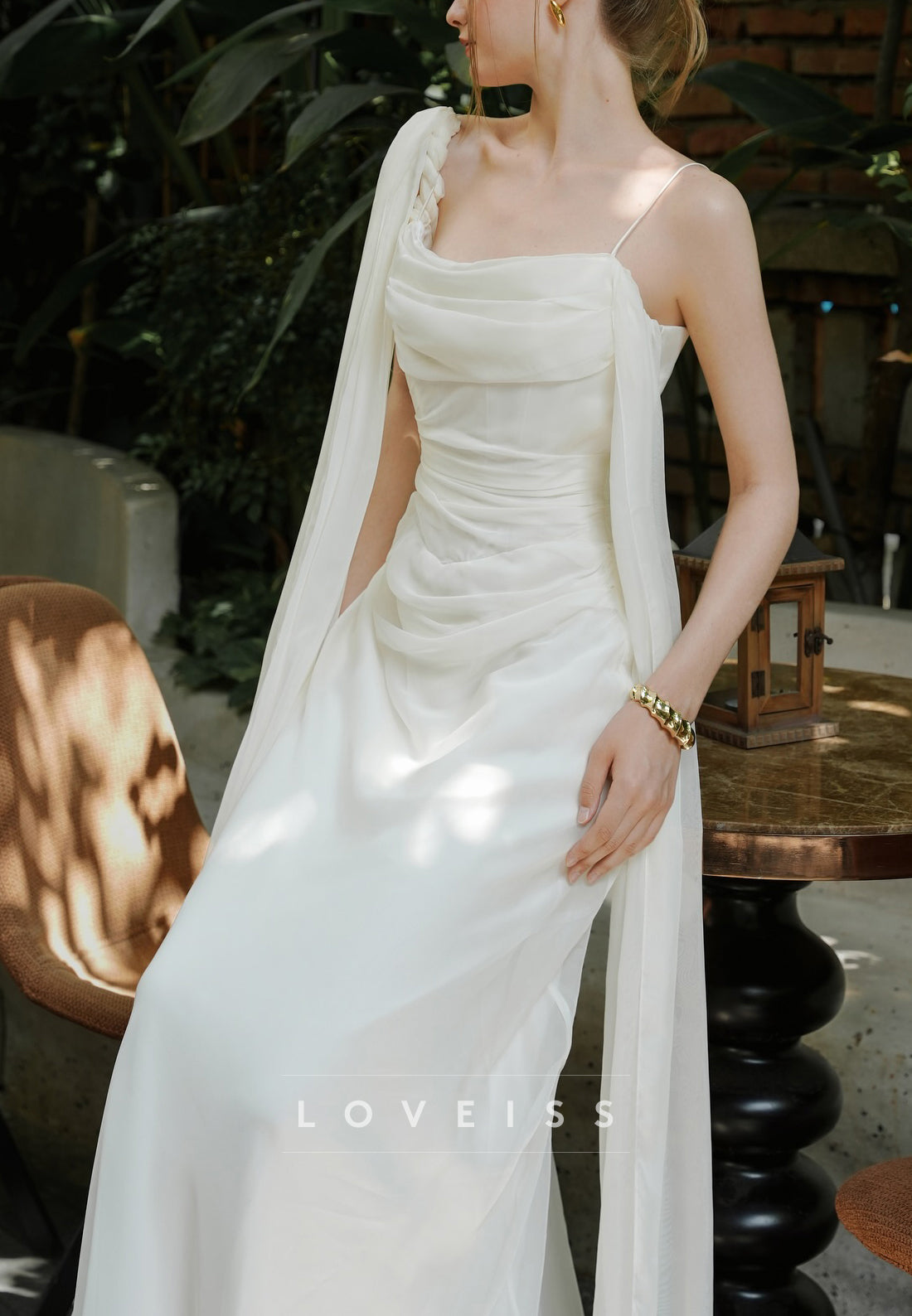 Asymmetrical Spaghetti Straps Pleated Sleek Sheath Wedding Dress