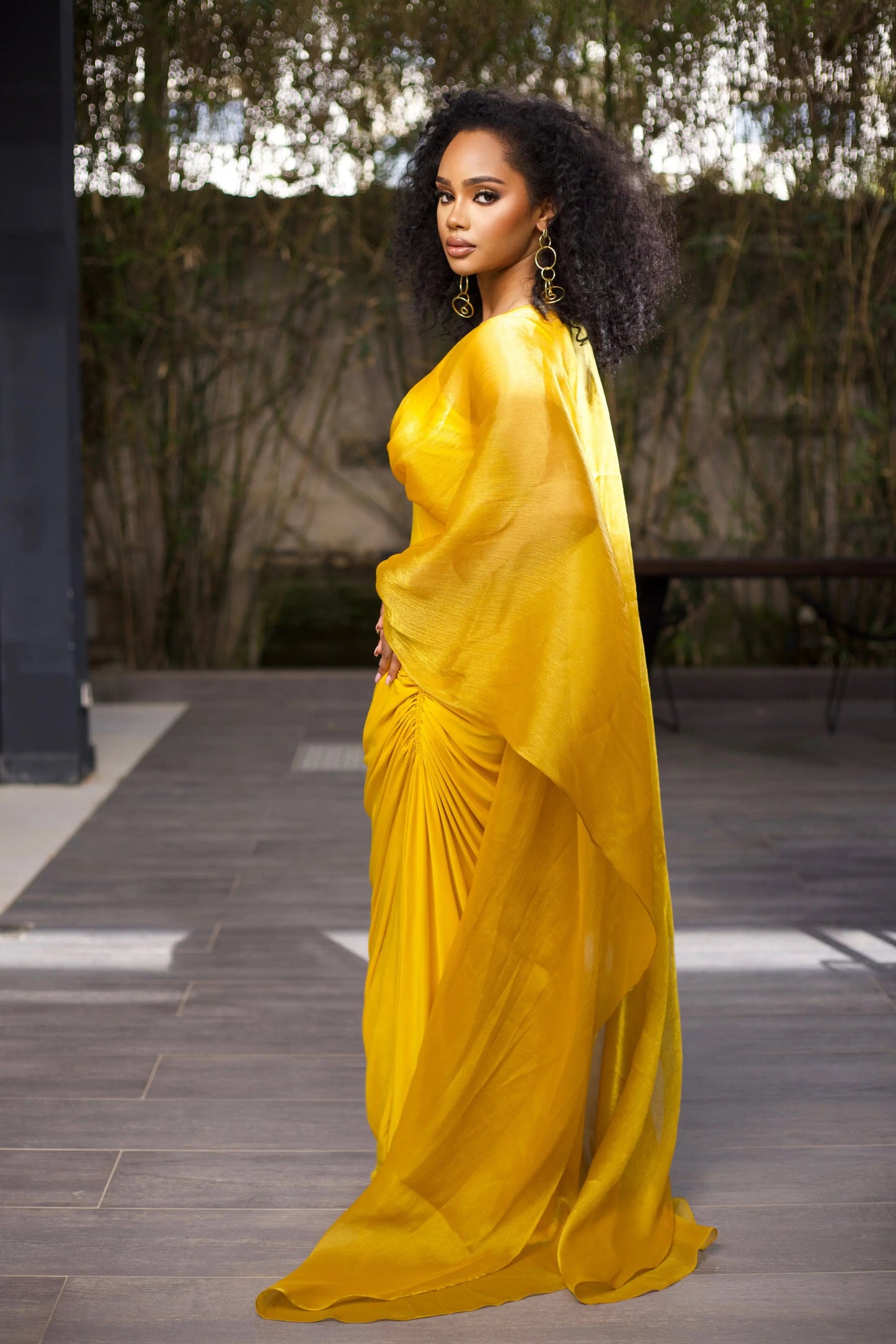 V-Neck Long Sleeves Ruched Evening Dress