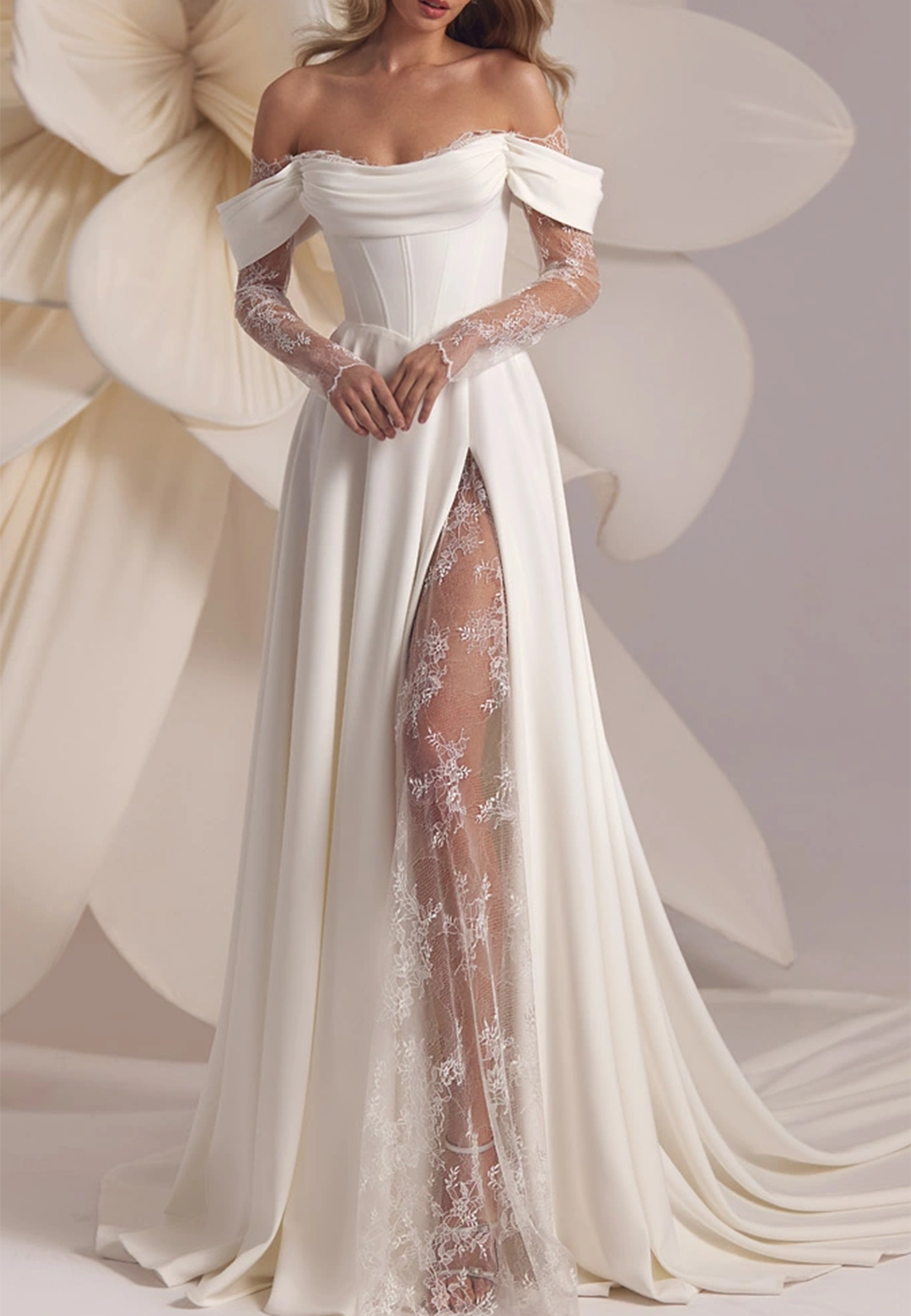 Off-Shoulder Strapless High Slit Appliques A-Line Wedding Dress Loveiss Off-Shoulder Strapless High Slit Appliques A-Line Wedding Dress Loveiss