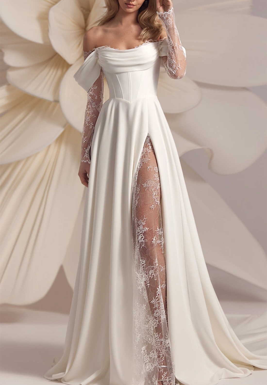 Off-Shoulder Strapless High Slit Appliques A-Line Wedding Dress