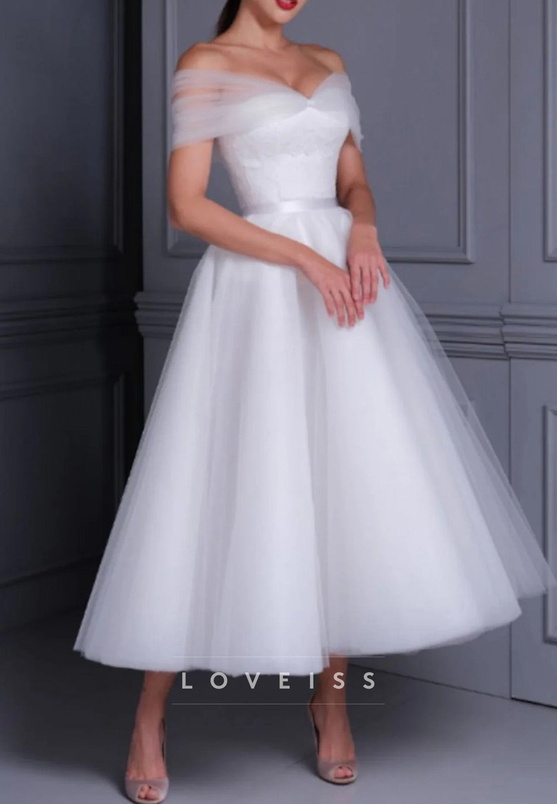 Ball Gown Off-the-Shoulder Tea-length Lace Wedding Dress