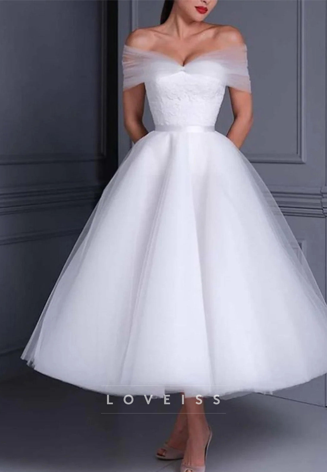 Ball Gown Off-the-Shoulder Tea-length Lace Wedding Dress
