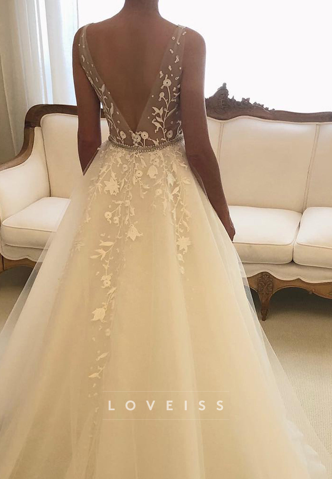 Ball Gown V-Neck Backless Tulle Appliques A-Line Wedding Dress