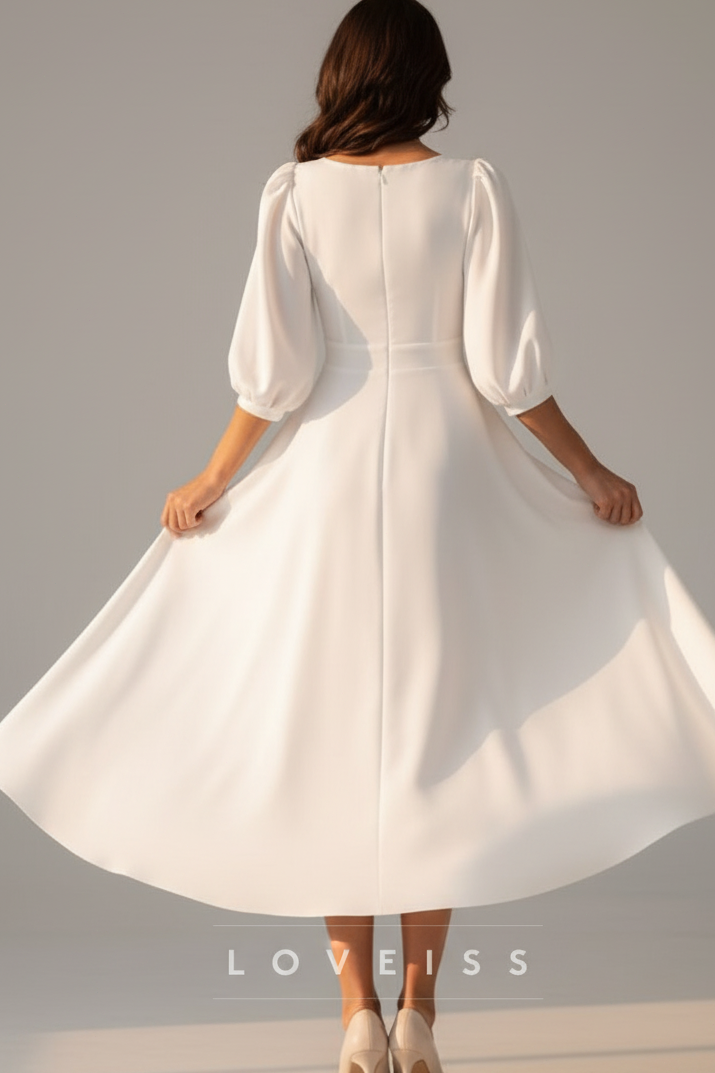 Bateau Half Sleeves Midi Simple A-Line Wedding Dress