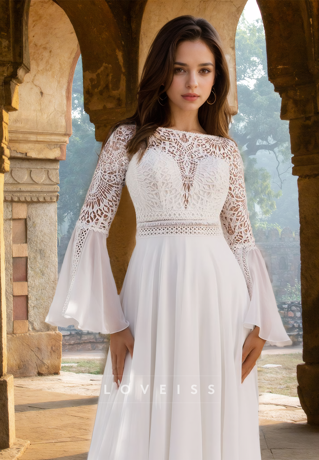 Bateau Long Sleevees Appliques Chiffon Boho A-Line Wedding Dress