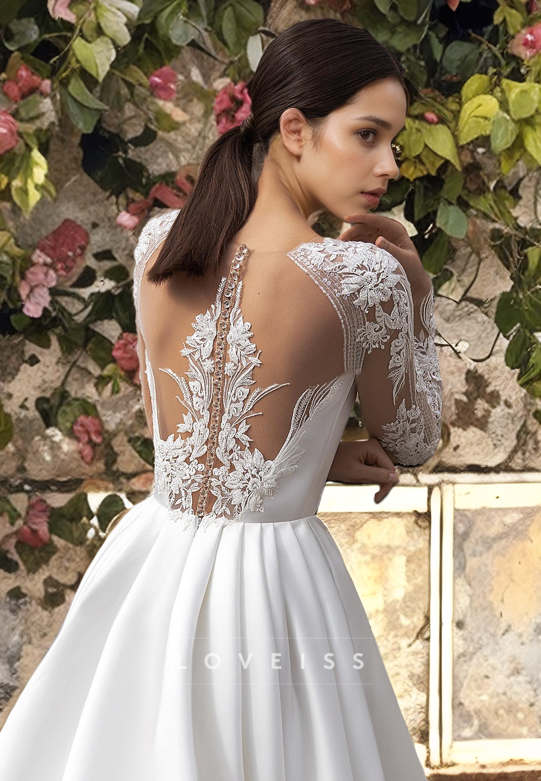 Bateau Long Sleeves Appliques A-Line Wedding Dress