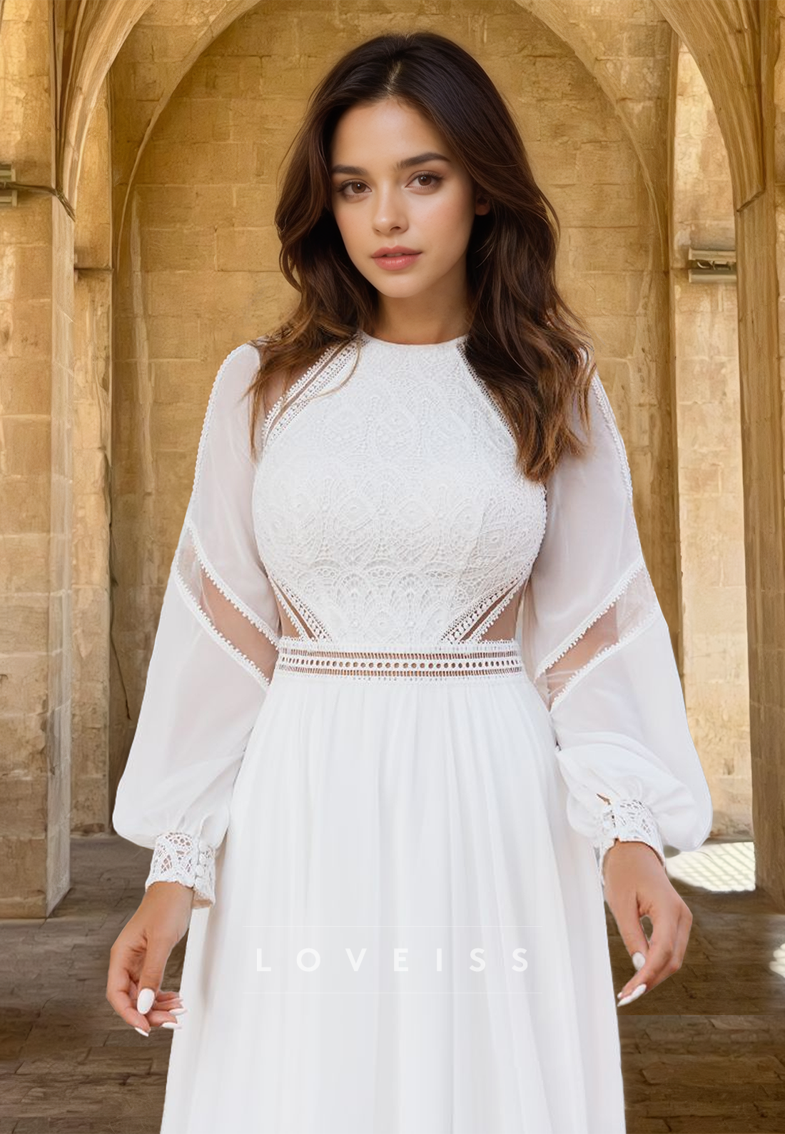 Bateau Long Sleeves Appliques Chiffon Boho A-Line Wedding Dress